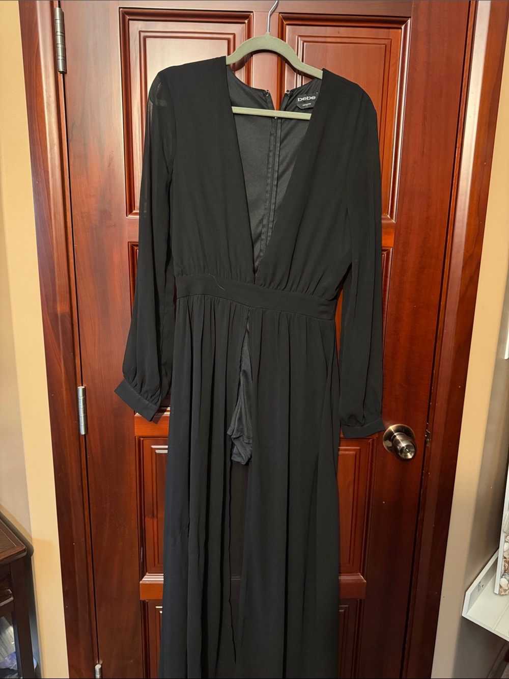 BEBE Black Long-Sleeve V-Neck Maxi Dress